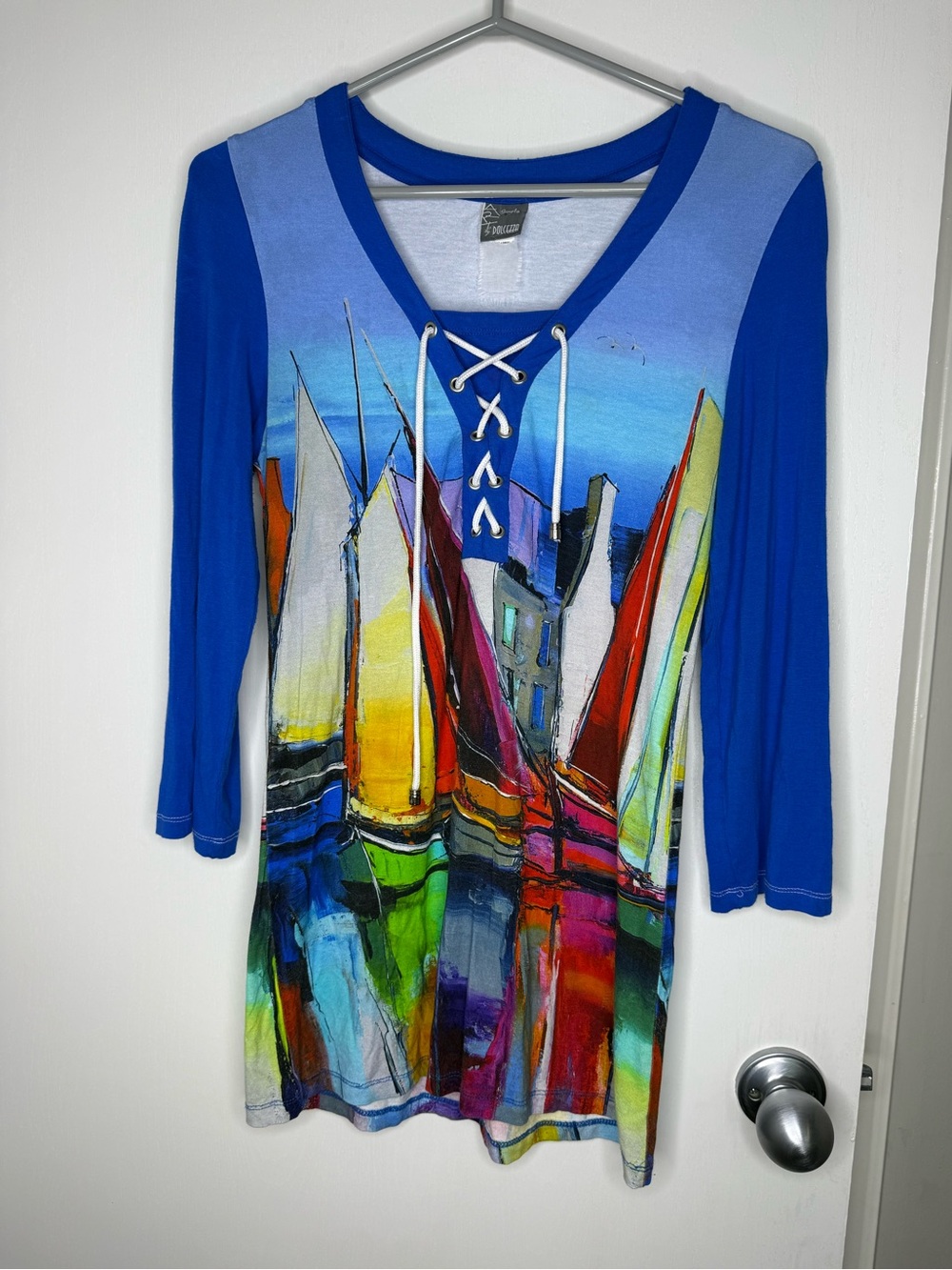 Simply Art by Dolcezza Colorful Sailboat Lace-Up V-Neck Women's Top - Blue XS